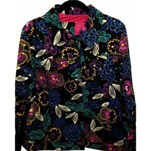 Vtg REDD Womens SZ 8 Sequins Black Multi Color Floral Print Denim Jacket Y2K Art